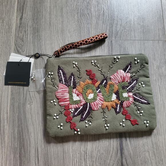 America & Beyond Handbags - America & Beyond Clutch Bag Womens Embroidered LOVE Floral Beaded Wristlet Purse